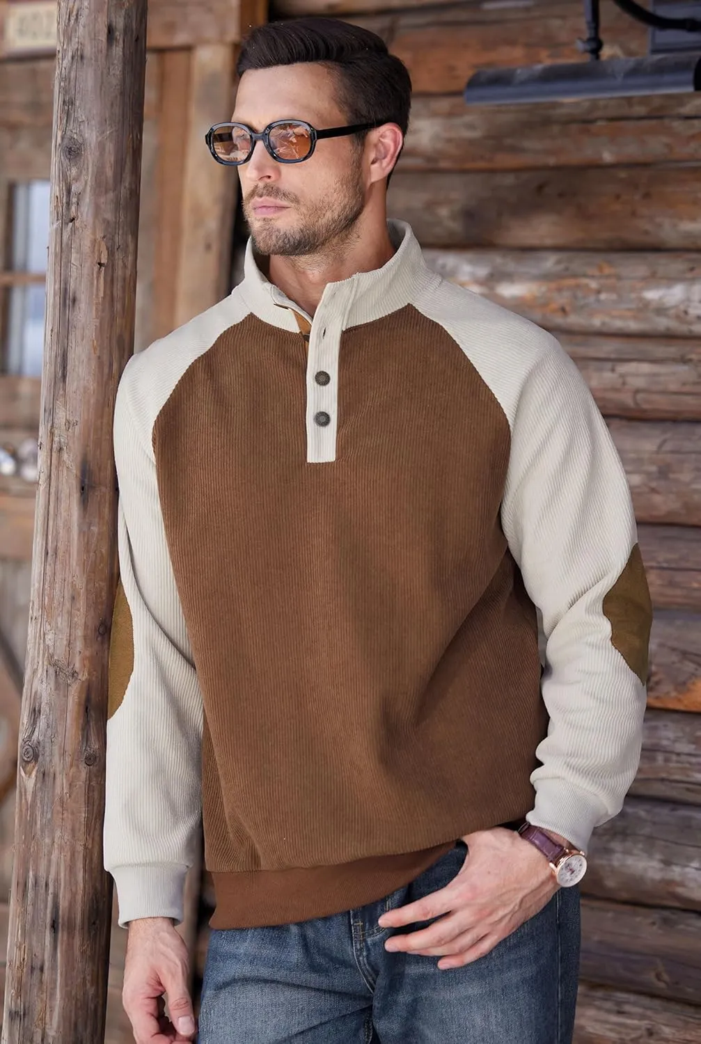 Mens Corduroy Fleece Lined Sweatshirts Long Sleeve Heavyweight Casual Button Pullover (S-XXL)