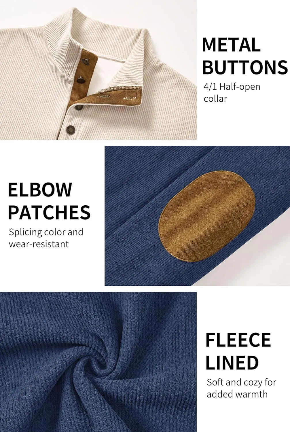 Mens Corduroy Fleece Lined Sweatshirts Long Sleeve Heavyweight Casual Button Pullover (S-XXL)
