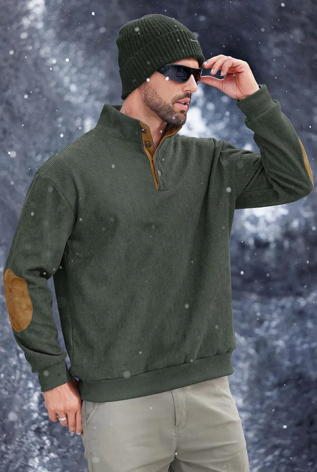 Mens Corduroy Fleece Lined Sweatshirts Long Sleeve Heavyweight Casual Button Pullover (S-XXL)