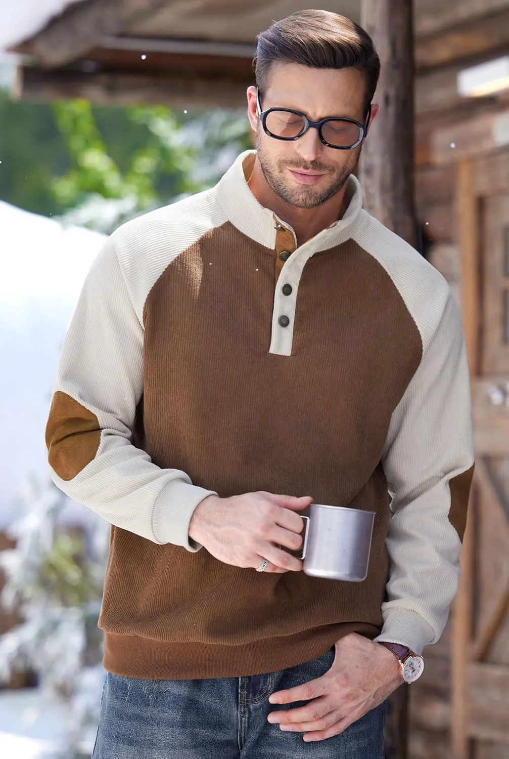 Mens Corduroy Fleece Lined Sweatshirts Long Sleeve Heavyweight Casual Button Pullover (S-XXL)