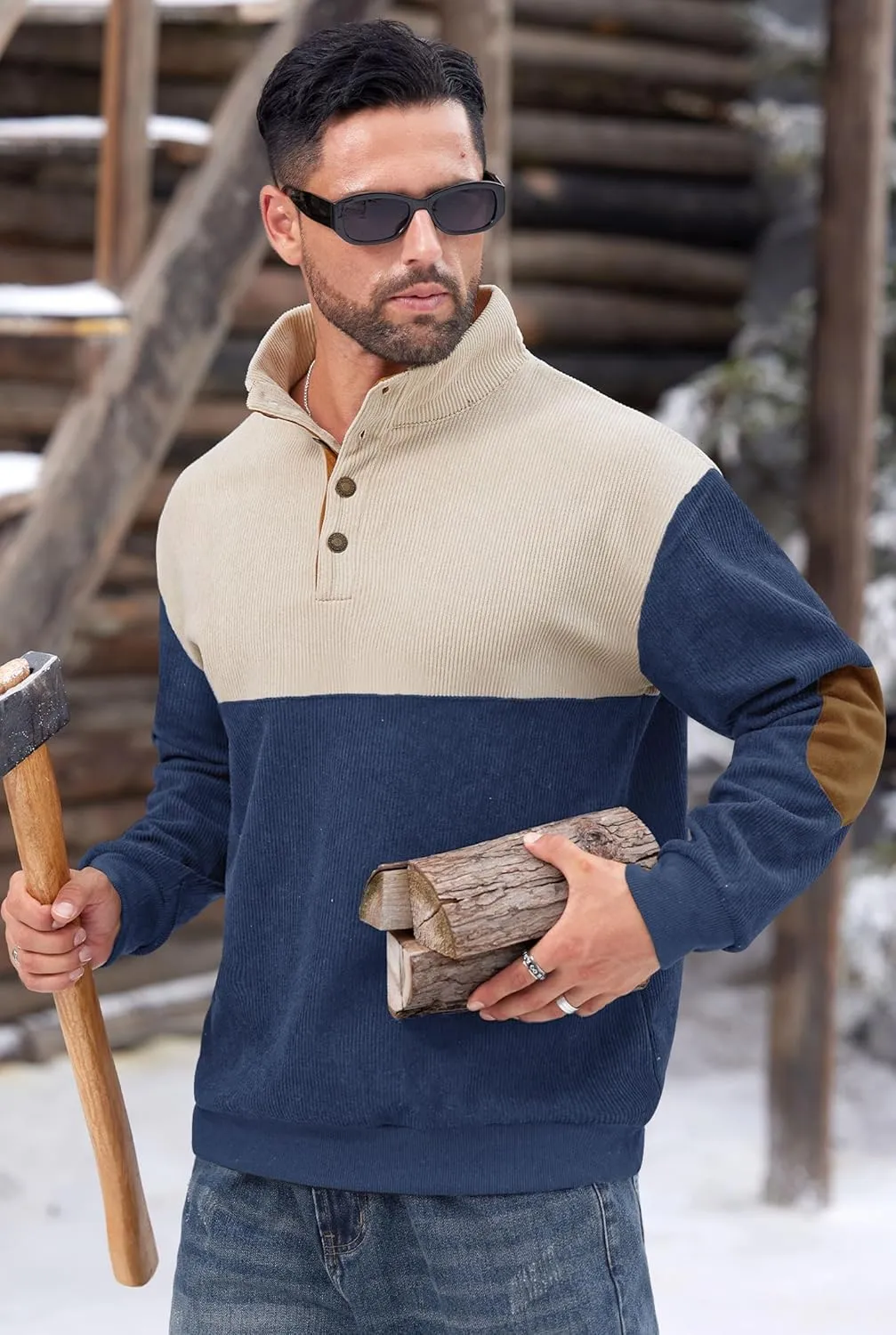 Mens Corduroy Fleece Lined Sweatshirts Long Sleeve Heavyweight Casual Button Pullover (S-XXL)