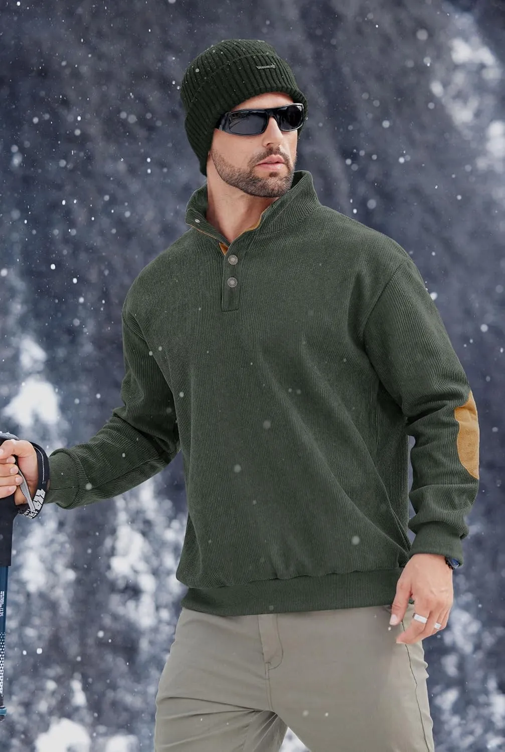 Mens Corduroy Fleece Lined Sweatshirts Long Sleeve Heavyweight Casual Button Pullover (S-XXL)