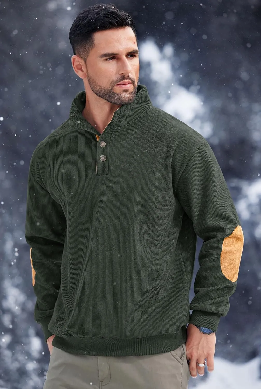 Mens Corduroy Fleece Lined Sweatshirts Long Sleeve Heavyweight Casual Button Pullover (S-XXL)
