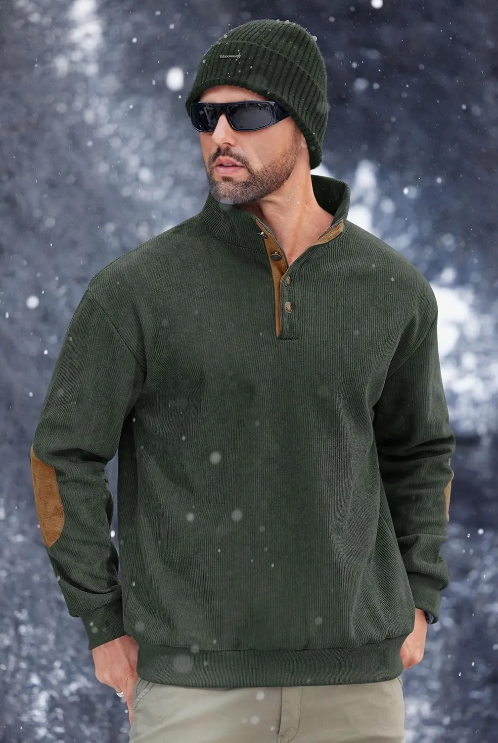 Mens Corduroy Fleece Lined Sweatshirts Long Sleeve Heavyweight Casual Button Pullover (S-XXL)