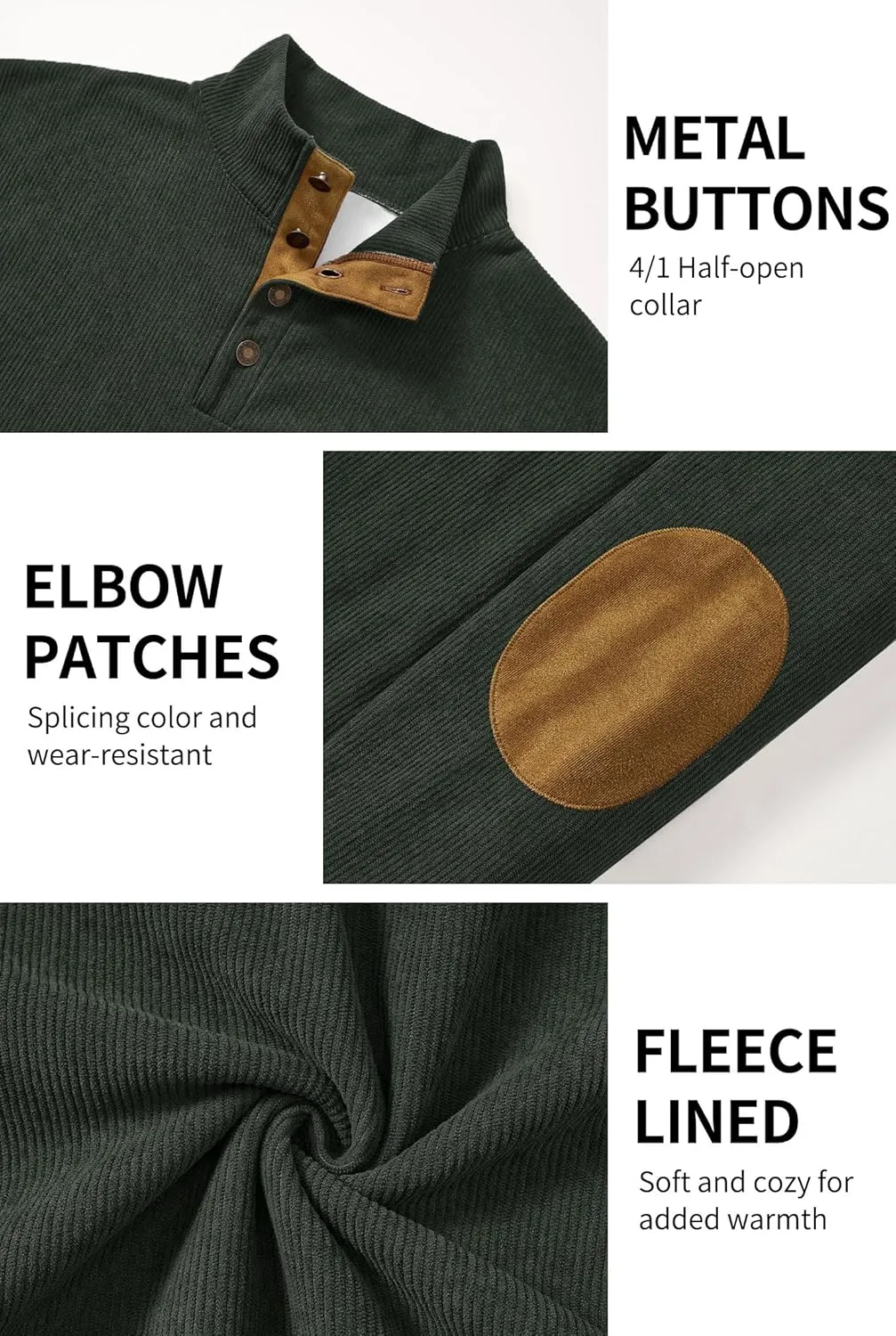 Mens Corduroy Fleece Lined Sweatshirts Long Sleeve Heavyweight Casual Button Pullover (S-XXL)