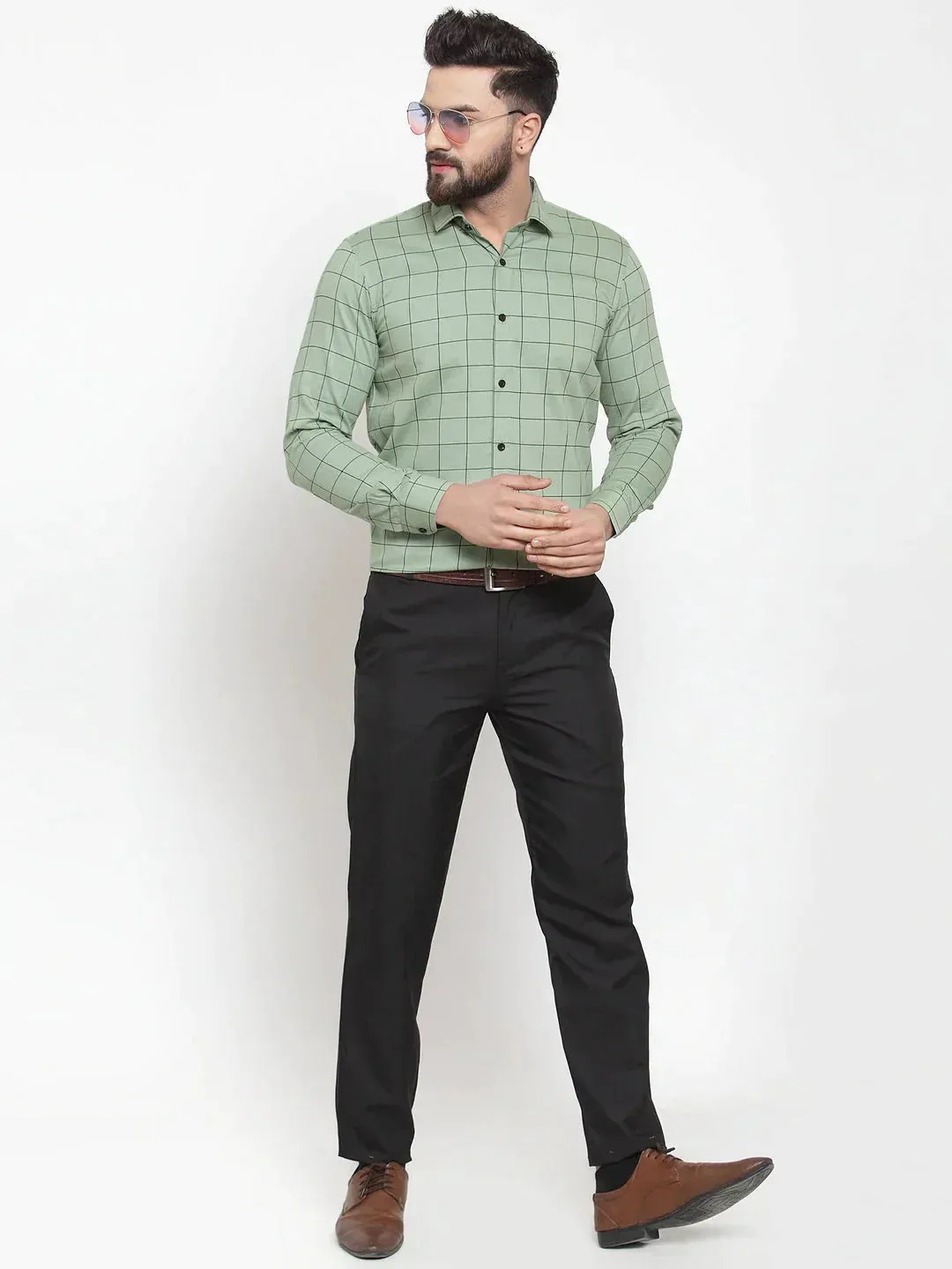 Men's Green Cotton Checked Formal Shirts - Taantav