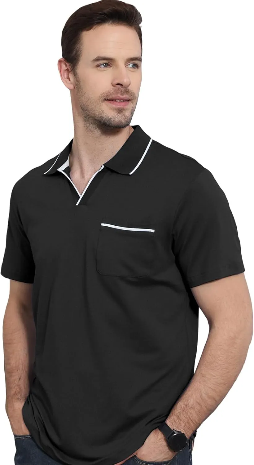 Men's Polo Shirt Short Sleeve V Neck Casual Classic Lightweight Tees Golf Cotton Stylish T-Shirt with Pocket