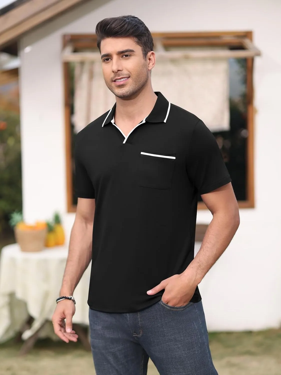 Men's Polo Shirt Short Sleeve V Neck Casual Classic Lightweight Tees Golf Cotton Stylish T-Shirt with Pocket