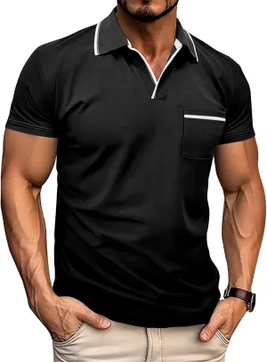Men's Polo Shirt Short Sleeve V Neck Casual Classic Lightweight Tees Golf Cotton Stylish T-Shirt with Pocket