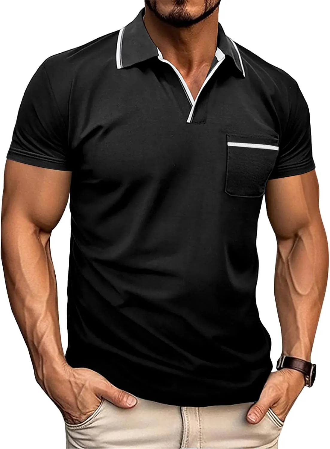 Men's Polo Shirt Short Sleeve V Neck Casual Classic Lightweight Tees Golf Cotton Stylish T-Shirt with Pocket