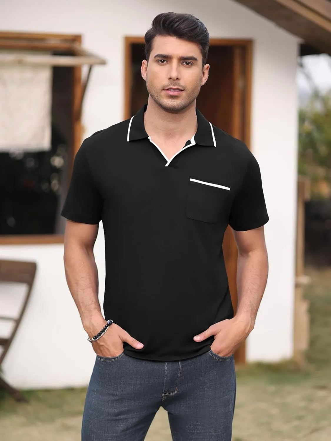 Men's Polo Shirt Short Sleeve V Neck Casual Classic Lightweight Tees Golf Cotton Stylish T-Shirt with Pocket