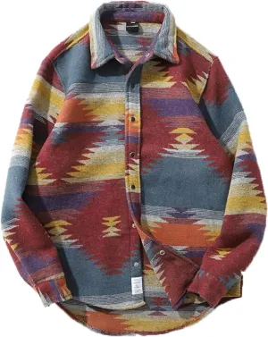 Men's Retro Aztec Print Flannel Shacket Long Sleeve Brushed Button-Down Shirt Jacket