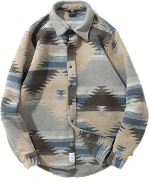 Men's Retro Aztec Print Flannel Shacket Long Sleeve Brushed Button-Down Shirt Jacket