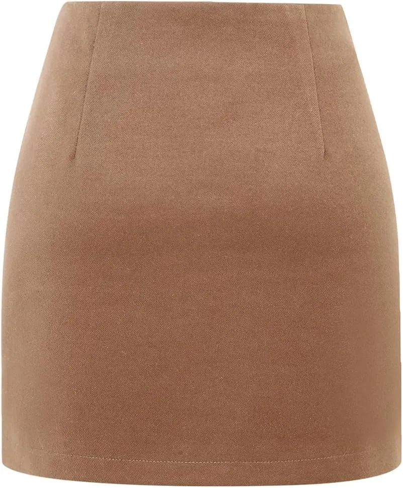 Plaid Mini Skirts for Womens High Waisted Fall Winter Wool Bodycon Pencil Skirts with Slit