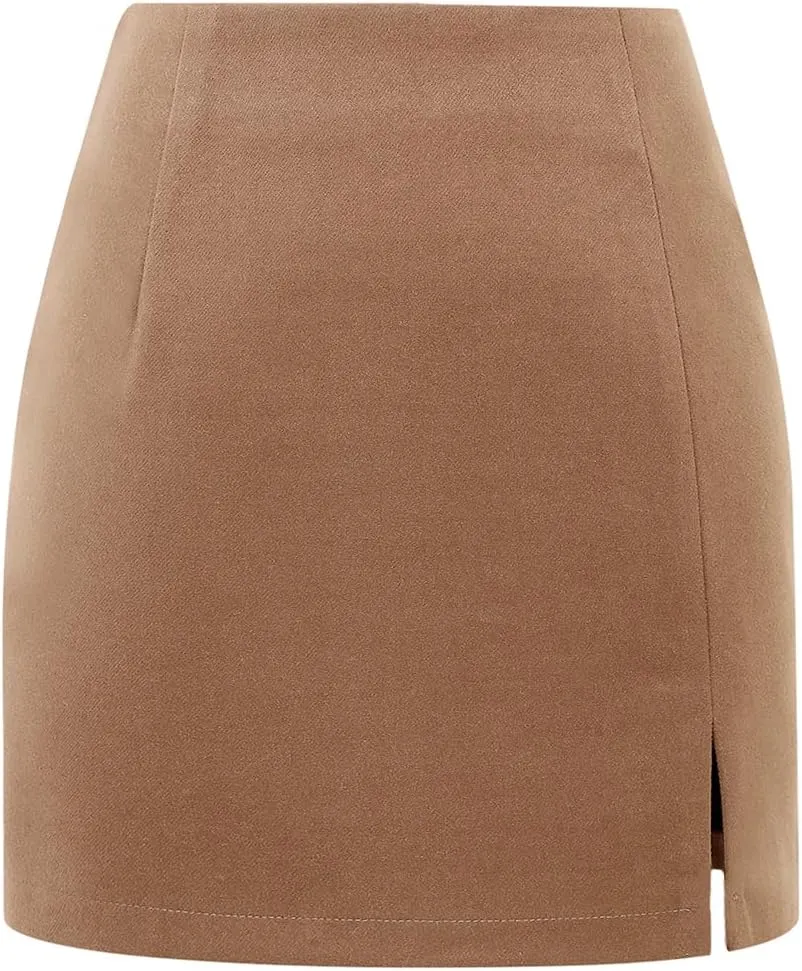 Plaid Mini Skirts for Womens High Waisted Fall Winter Wool Bodycon Pencil Skirts with Slit