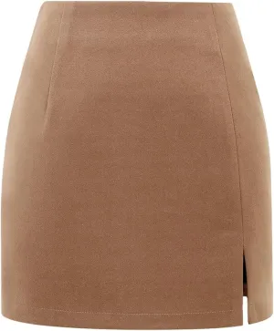 Plaid Mini Skirts for Womens High Waisted Fall Winter Wool Bodycon Pencil Skirts with Slit