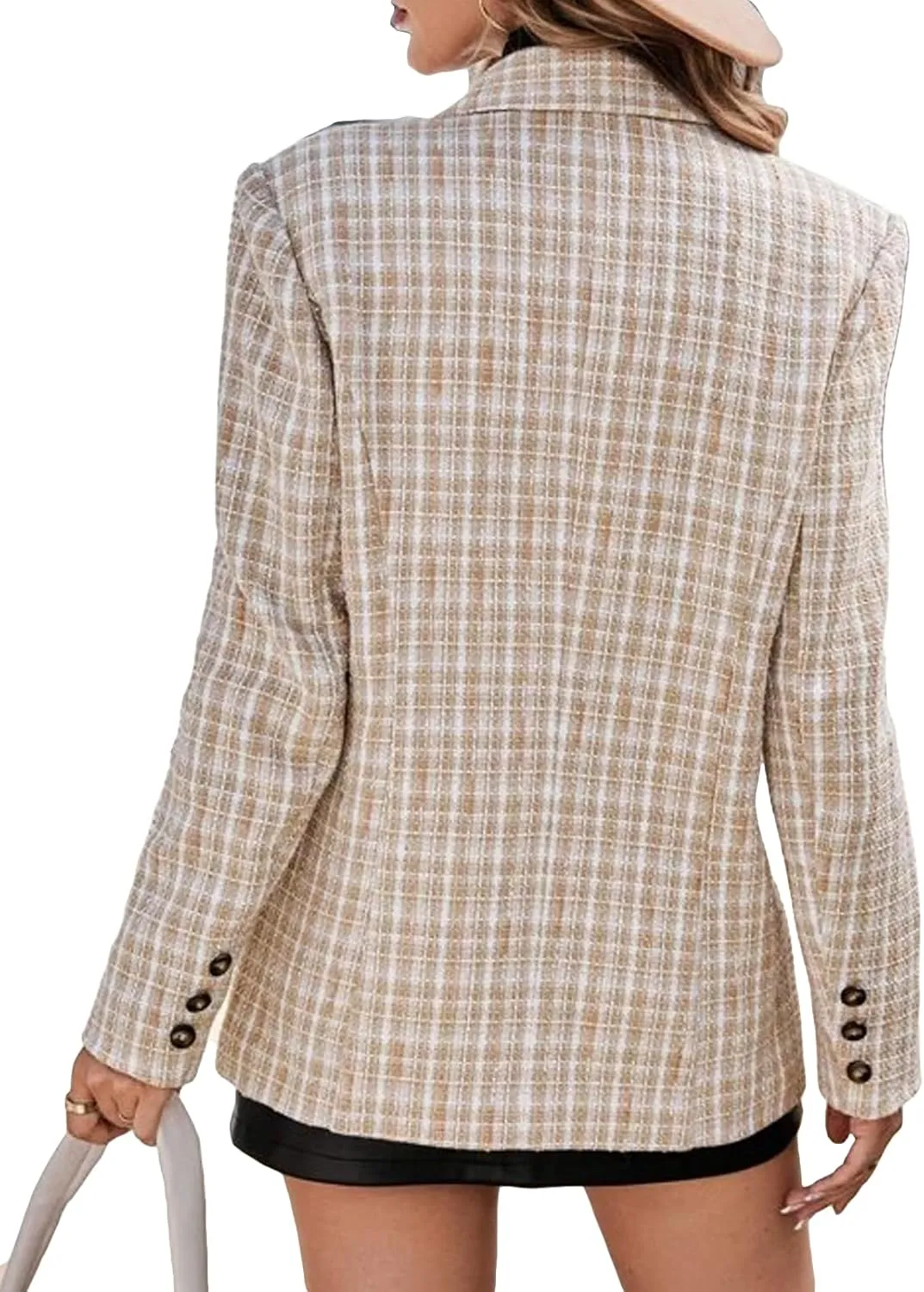 Plaid Tweed Blazer Jacket for Women 2024 Fashion Elegant Open Front Casual Work Office Pocket Suit Coat(S-XXL)
