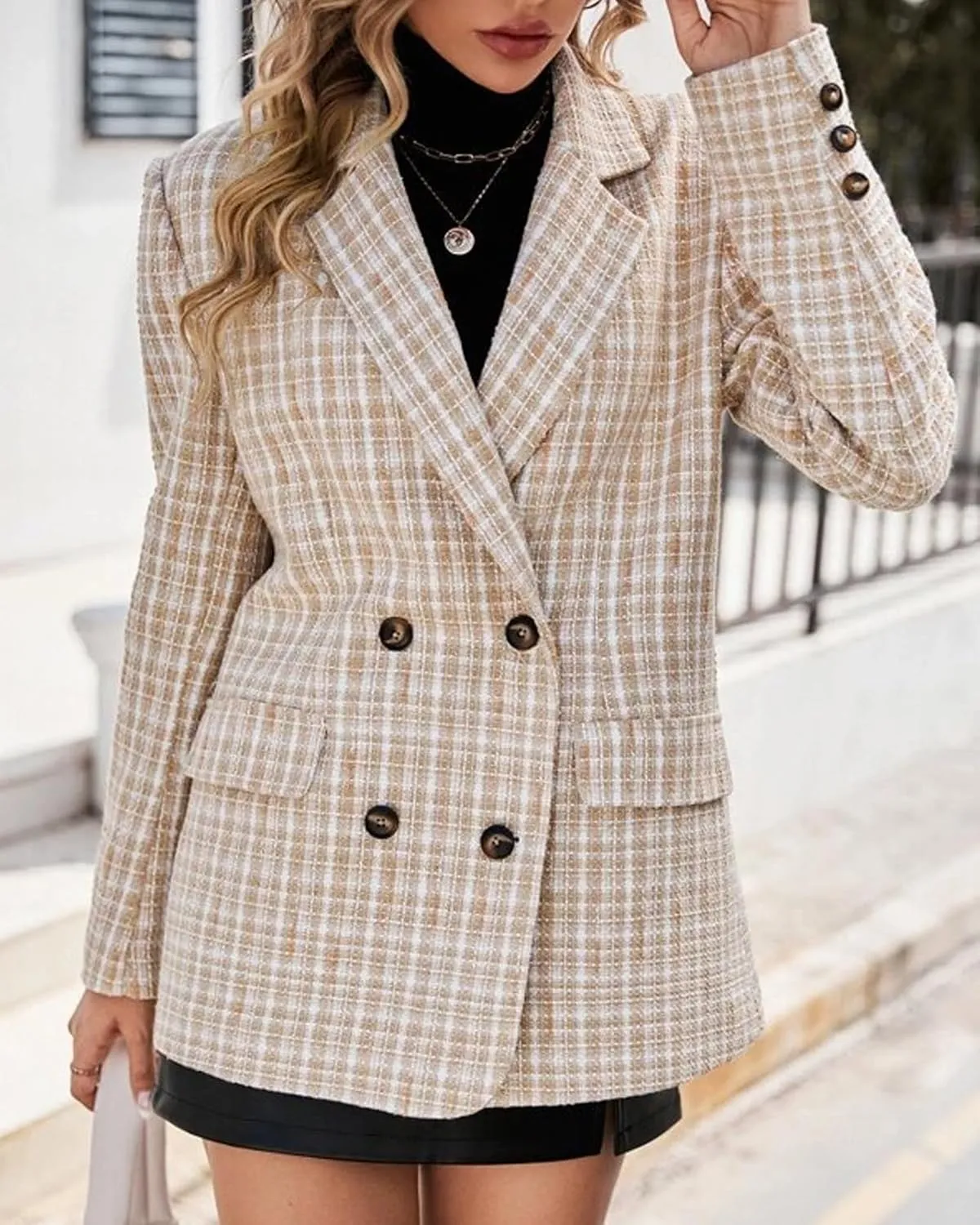 Plaid Tweed Blazer Jacket for Women 2024 Fashion Elegant Open Front Casual Work Office Pocket Suit Coat(S-XXL)