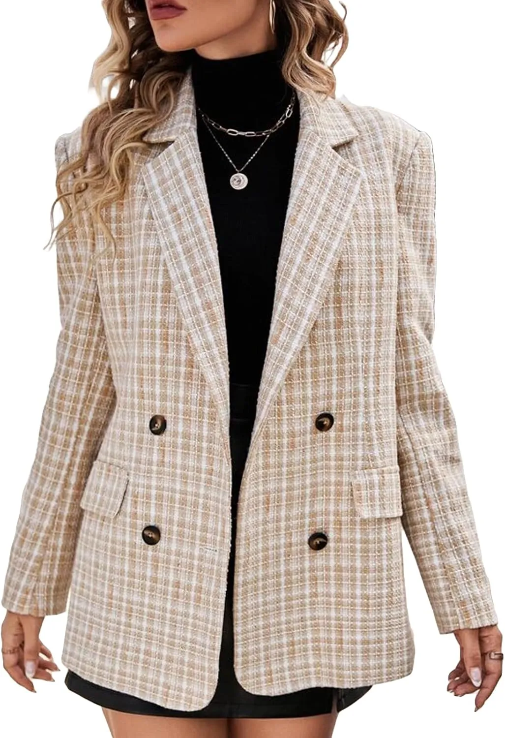 Plaid Tweed Blazer Jacket for Women 2024 Fashion Elegant Open Front Casual Work Office Pocket Suit Coat(S-XXL)