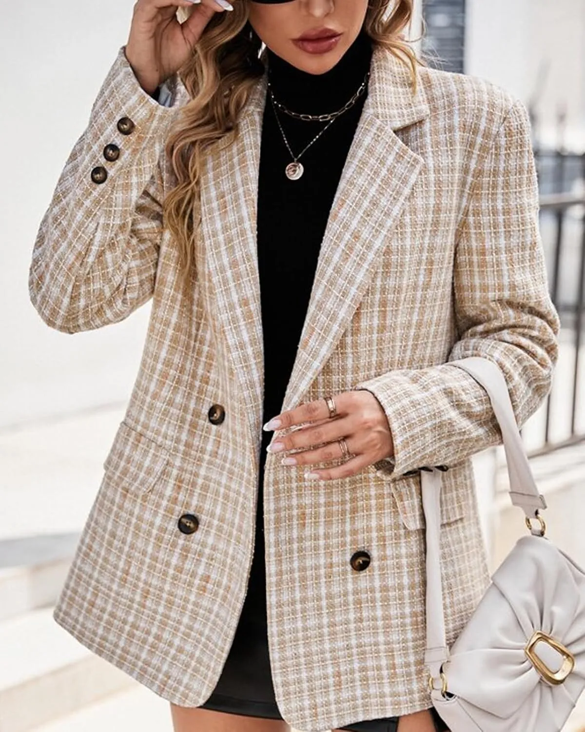 Plaid Tweed Blazer Jacket for Women 2024 Fashion Elegant Open Front Casual Work Office Pocket Suit Coat(S-XXL)