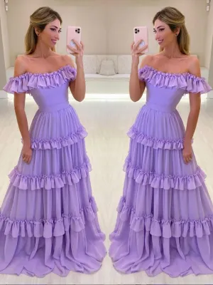 Purple chiffon long prom dress, purple evening dress