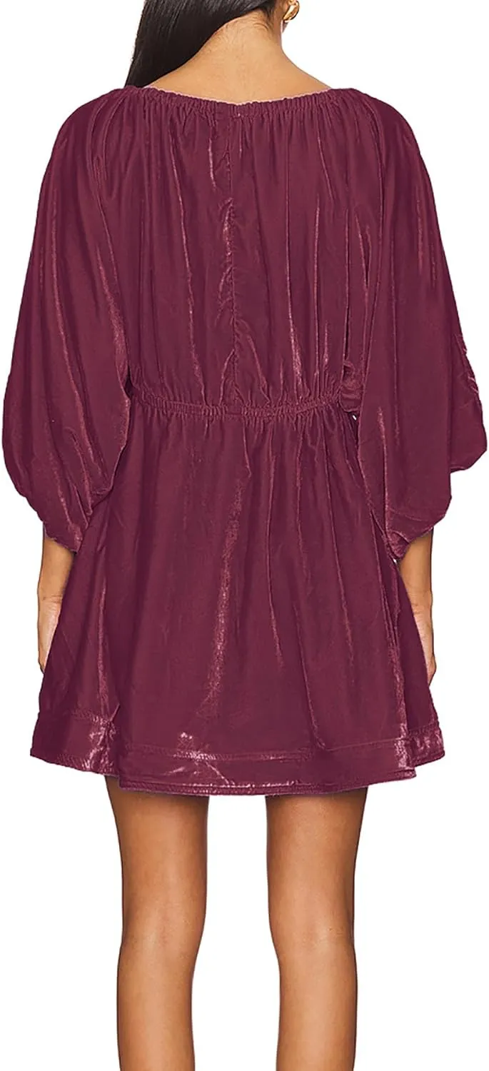 R.Vivimos Womens Fall Velvet Tunic Dress 2025 Trendy Sexy Deep V Neck 3/4 Sleeve Elastic Waist Loose Mini Dress with Pockets