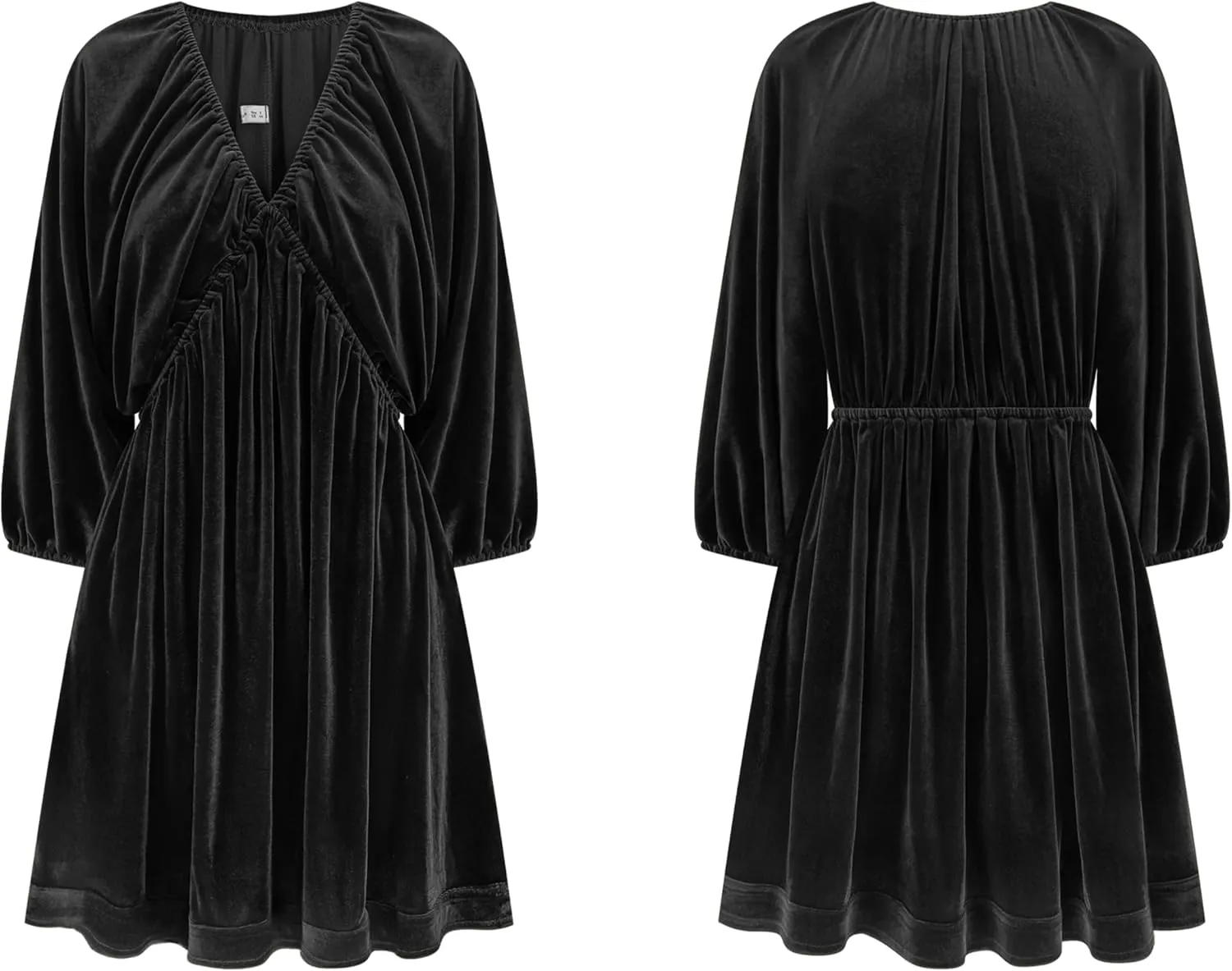 R.Vivimos Womens Fall Velvet Tunic Dress 2025 Trendy Sexy Deep V Neck 3/4 Sleeve Elastic Waist Loose Mini Dress with Pockets