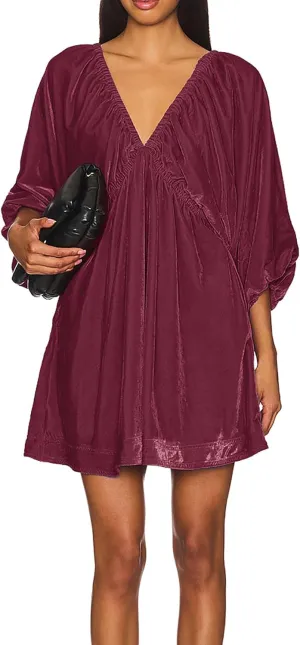 R.Vivimos Womens Fall Velvet Tunic Dress 2025 Trendy Sexy Deep V Neck 3/4 Sleeve Elastic Waist Loose Mini Dress with Pockets