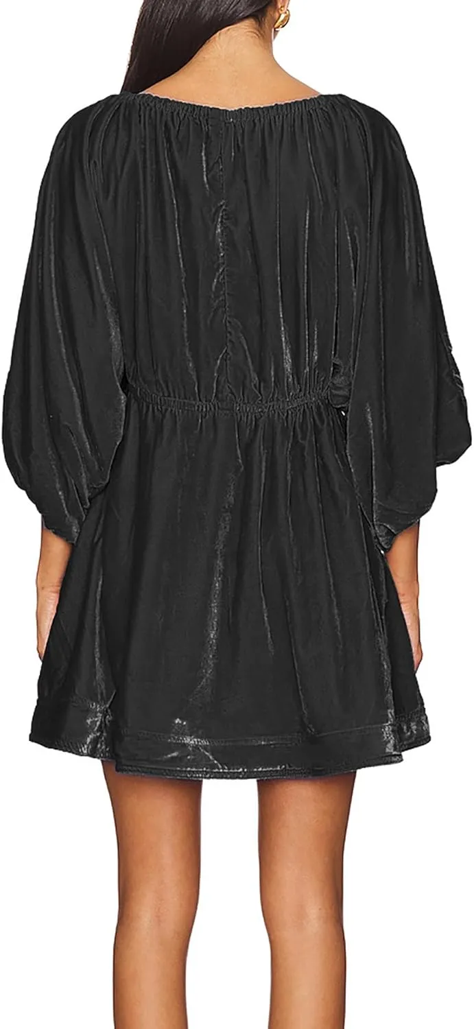 R.Vivimos Womens Fall Velvet Tunic Dress 2025 Trendy Sexy Deep V Neck 3/4 Sleeve Elastic Waist Loose Mini Dress with Pockets