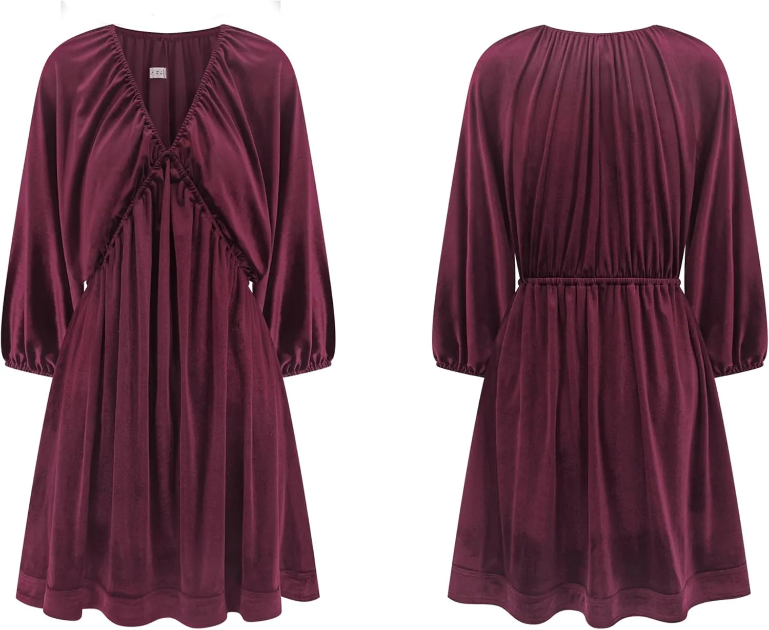 R.Vivimos Womens Fall Velvet Tunic Dress 2025 Trendy Sexy Deep V Neck 3/4 Sleeve Elastic Waist Loose Mini Dress with Pockets