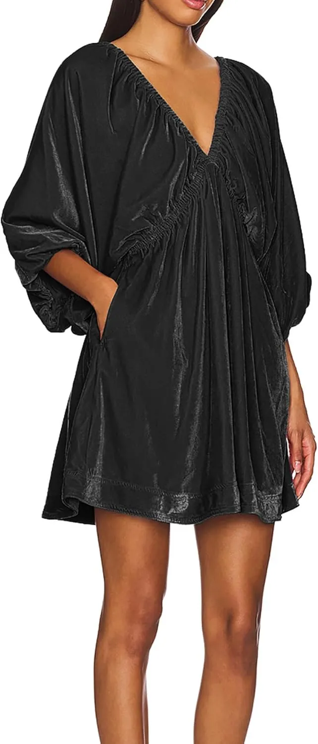 R.Vivimos Womens Fall Velvet Tunic Dress 2025 Trendy Sexy Deep V Neck 3/4 Sleeve Elastic Waist Loose Mini Dress with Pockets