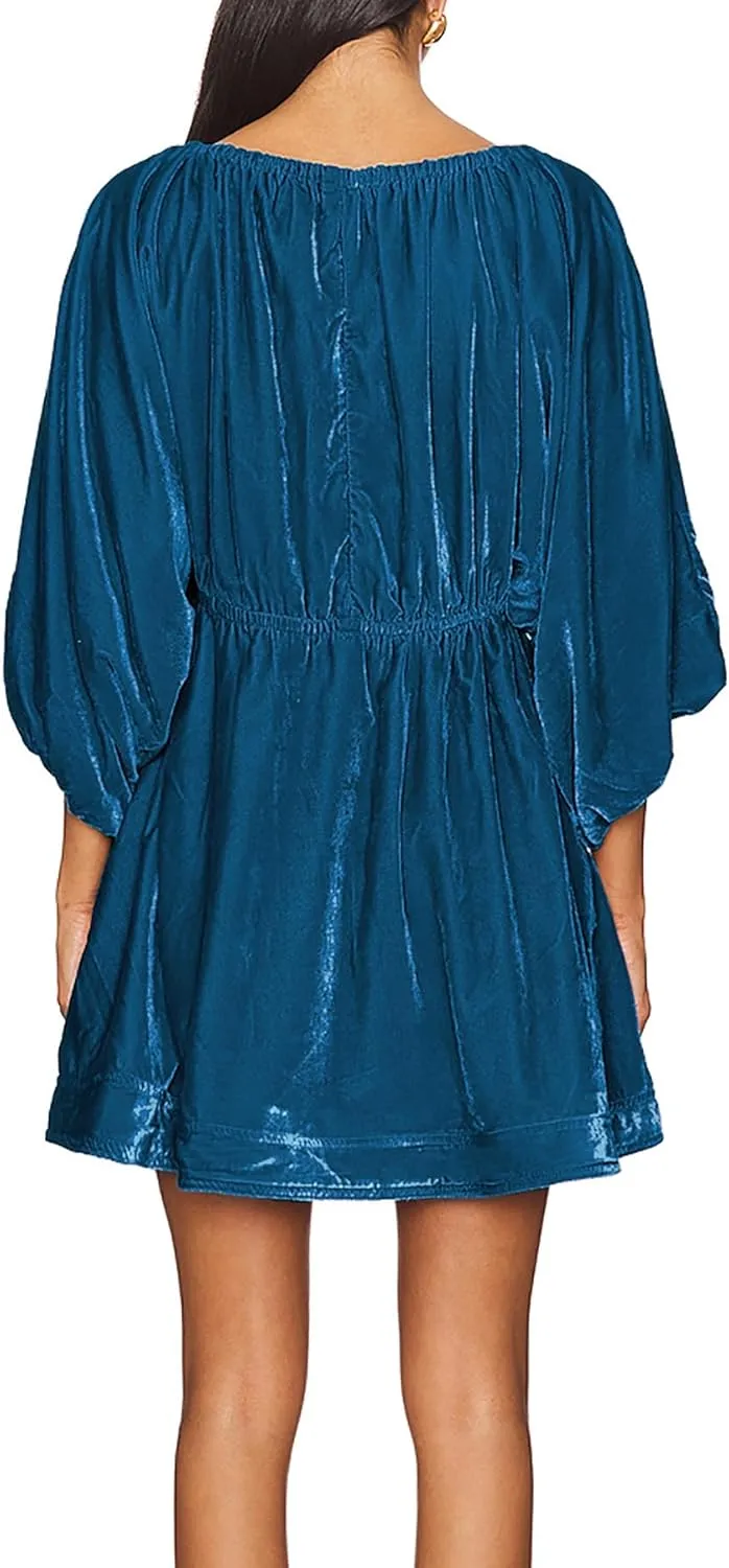 R.Vivimos Womens Fall Velvet Tunic Dress 2025 Trendy Sexy Deep V Neck 3/4 Sleeve Elastic Waist Loose Mini Dress with Pockets