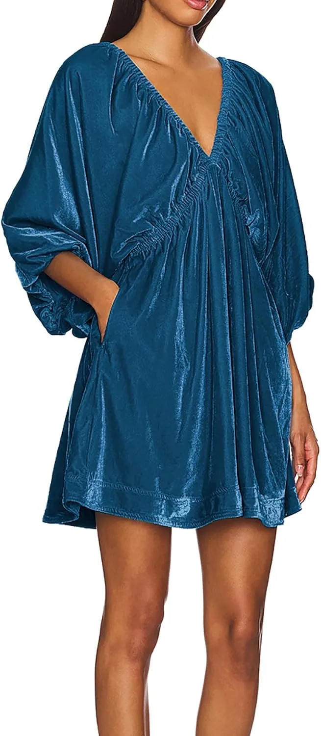 R.Vivimos Womens Fall Velvet Tunic Dress 2025 Trendy Sexy Deep V Neck 3/4 Sleeve Elastic Waist Loose Mini Dress with Pockets