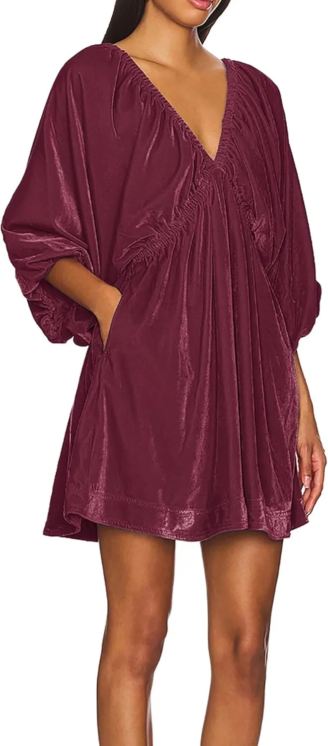 R.Vivimos Womens Fall Velvet Tunic Dress 2025 Trendy Sexy Deep V Neck 3/4 Sleeve Elastic Waist Loose Mini Dress with Pockets
