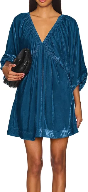 R.Vivimos Womens Fall Velvet Tunic Dress 2025 Trendy Sexy Deep V Neck 3/4 Sleeve Elastic Waist Loose Mini Dress with Pockets