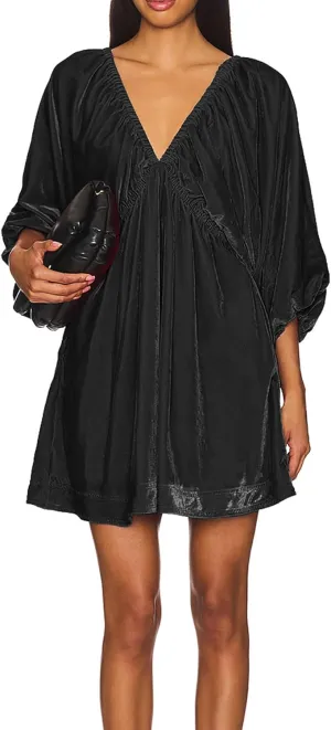 R.Vivimos Womens Fall Velvet Tunic Dress 2025 Trendy Sexy Deep V Neck 3/4 Sleeve Elastic Waist Loose Mini Dress with Pockets