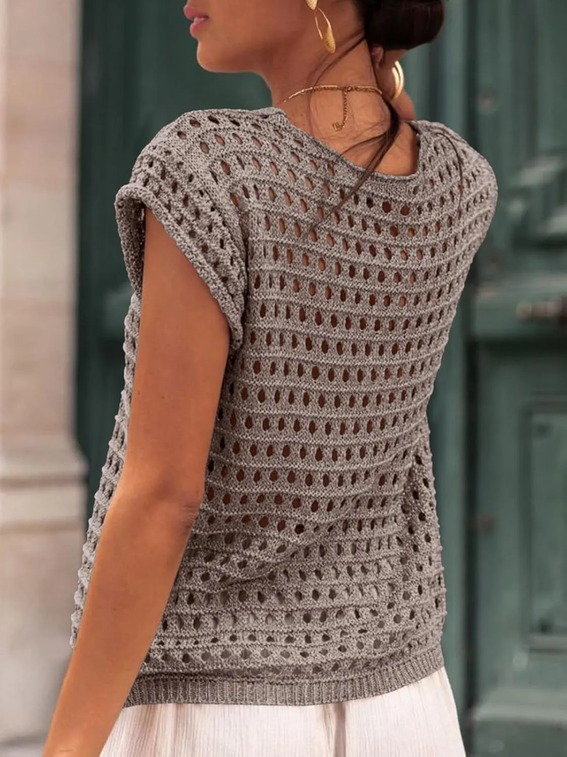 Saodimallsu Womens Tie Crochet Shrug Short Sleeve Open Front Lightweight Knit Cropped Cardigan Sweaters Cover Up
