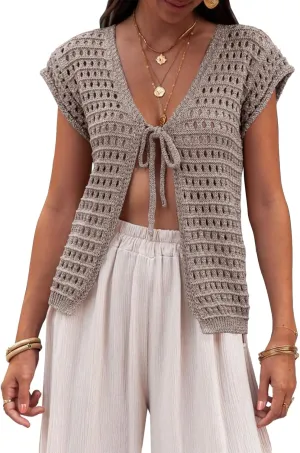Saodimallsu Womens Tie Crochet Shrug Short Sleeve Open Front Lightweight Knit Cropped Cardigan Sweaters Cover Up
