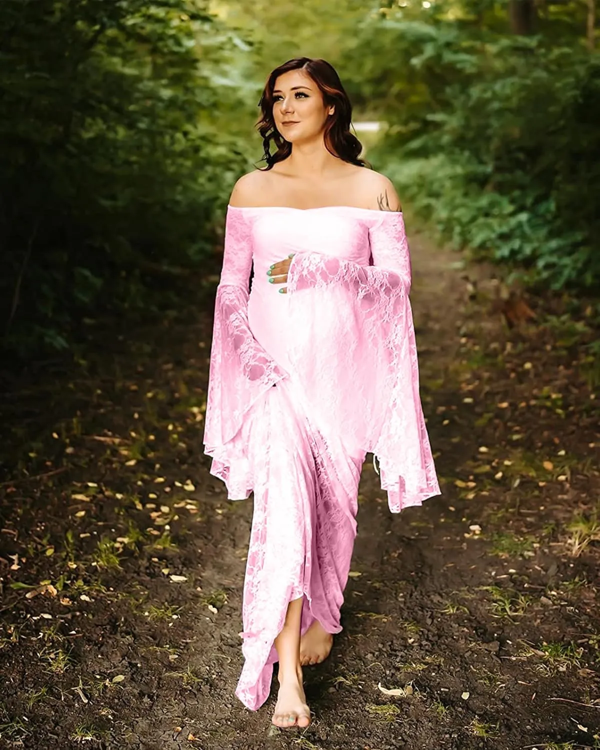 Saslax Off Shoulder Lace Maternity Dress for Photography Maxi Maternity Props Dresses for Photo Shoot Baby Shower