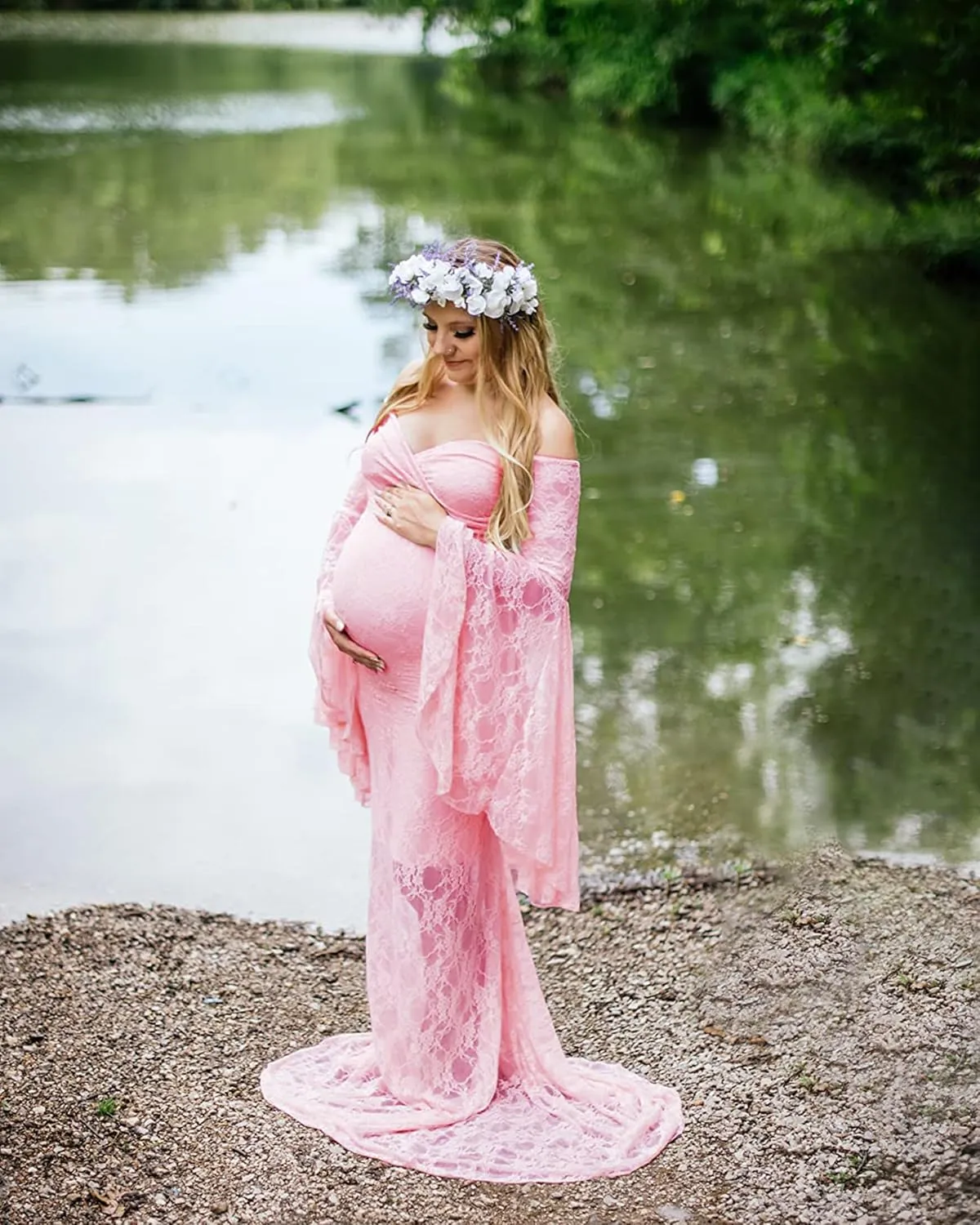 Saslax Off Shoulder Lace Maternity Dress for Photography Maxi Maternity Props Dresses for Photo Shoot Baby Shower
