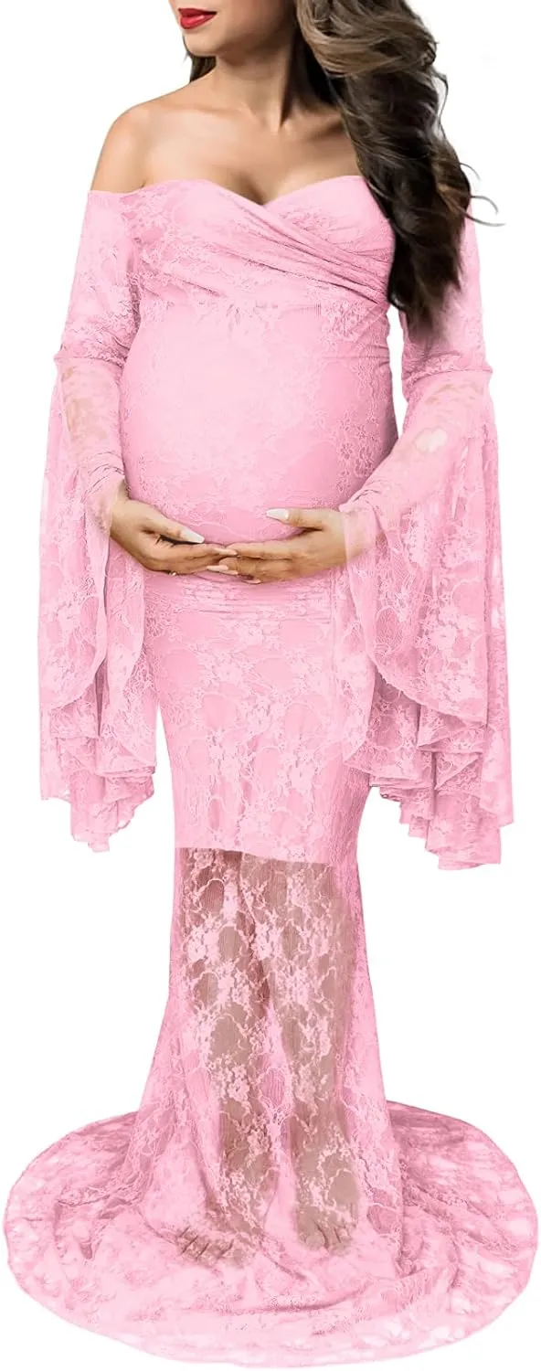 Saslax Off Shoulder Lace Maternity Dress for Photography Maxi Maternity Props Dresses for Photo Shoot Baby Shower