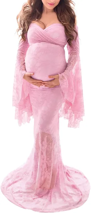 Saslax Off Shoulder Lace Maternity Dress for Photography Maxi Maternity Props Dresses for Photo Shoot Baby Shower