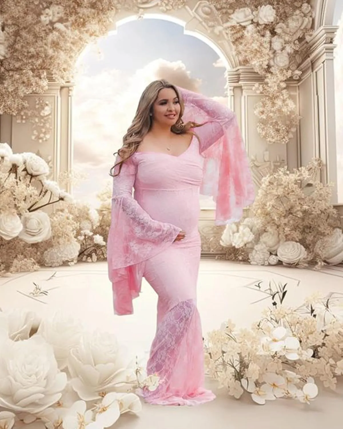 Saslax Off Shoulder Lace Maternity Dress for Photography Maxi Maternity Props Dresses for Photo Shoot Baby Shower