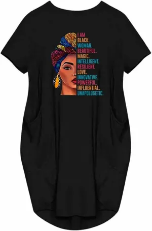 WbJetr I Am Black Woman Beautiful Magic Short Sleeve Loose Pocket Oversize Tunic Dress