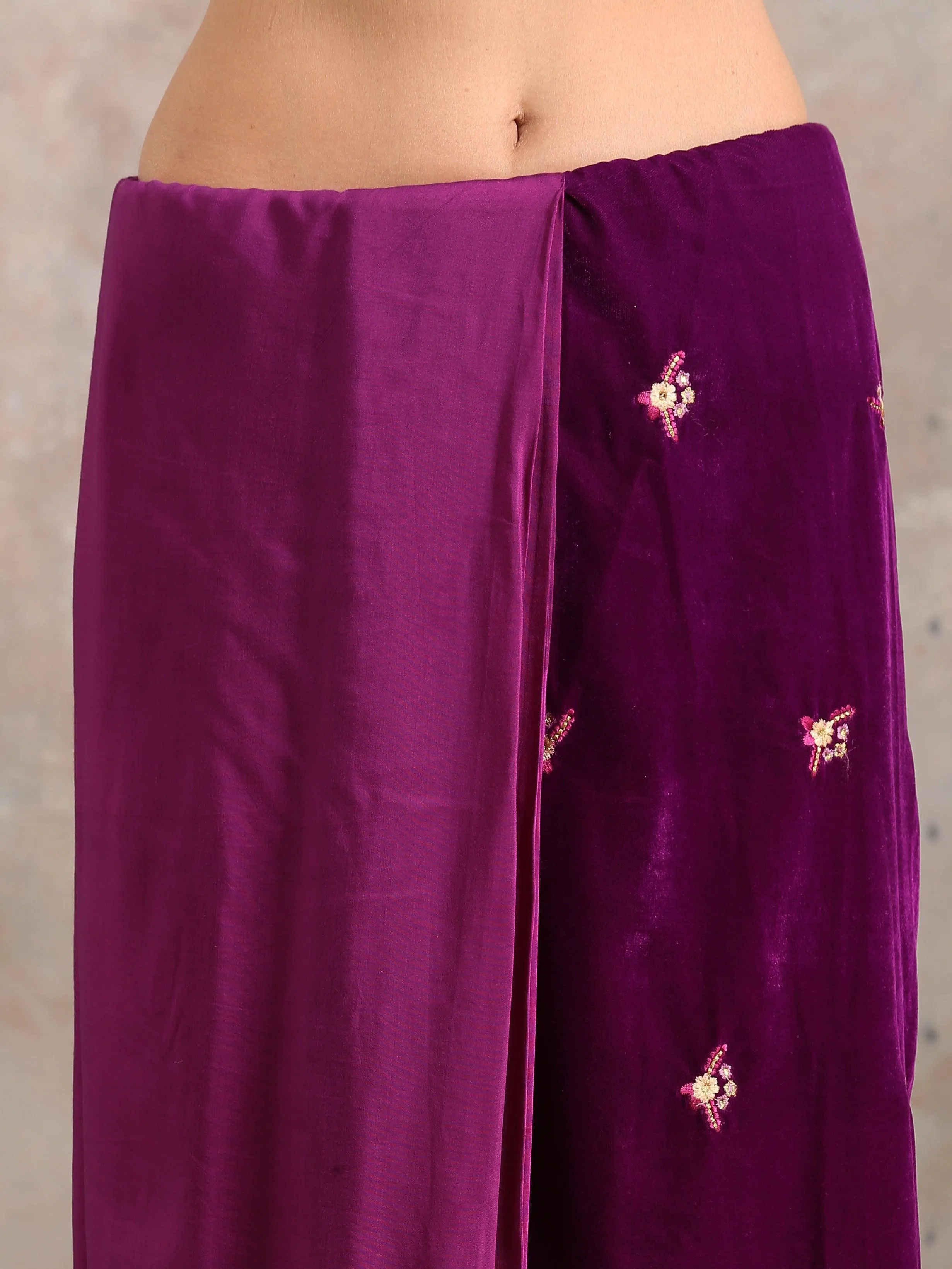 Wine Velvet Silk Embroidered Ready To Wear Saree