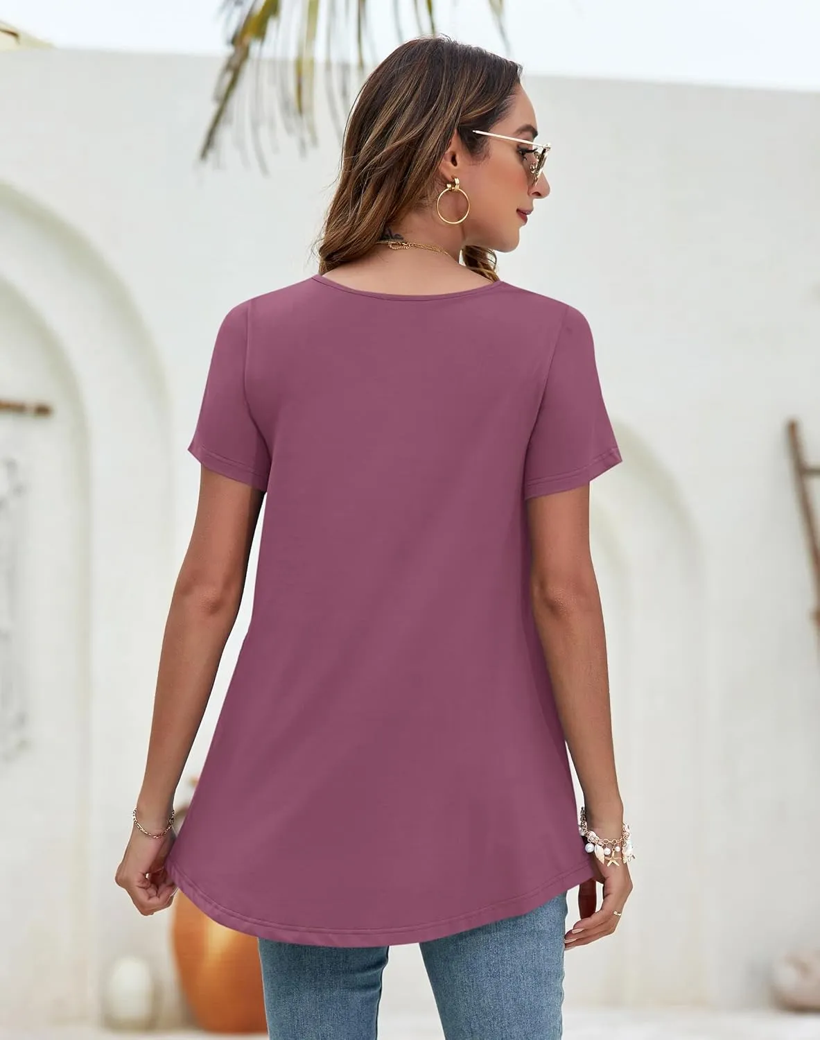 WNEEDU Women's Summer Tunic Tops Casual Short Sleeve Square Neck T-Shirt Loose Fit for Leggings