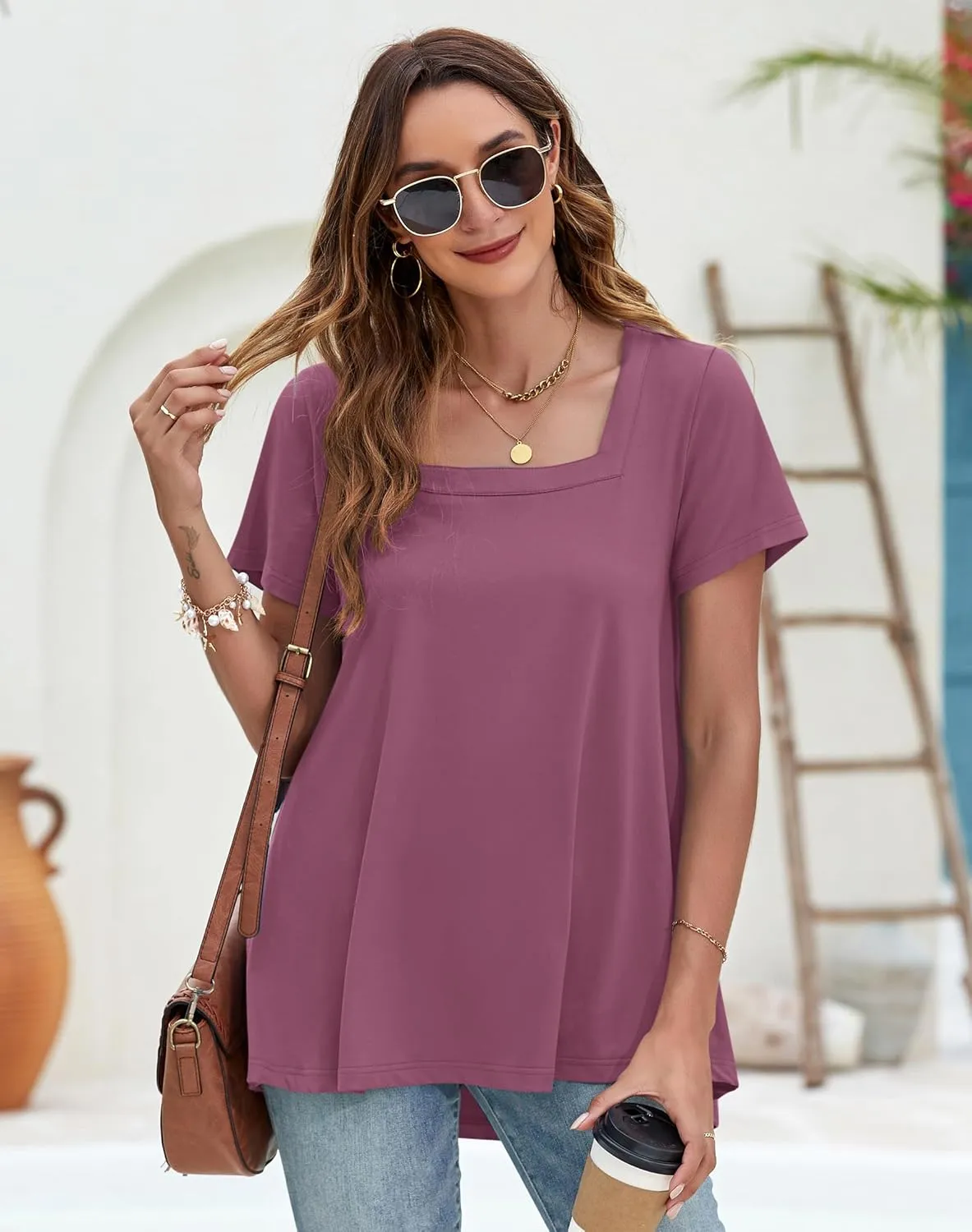 WNEEDU Women's Summer Tunic Tops Casual Short Sleeve Square Neck T-Shirt Loose Fit for Leggings