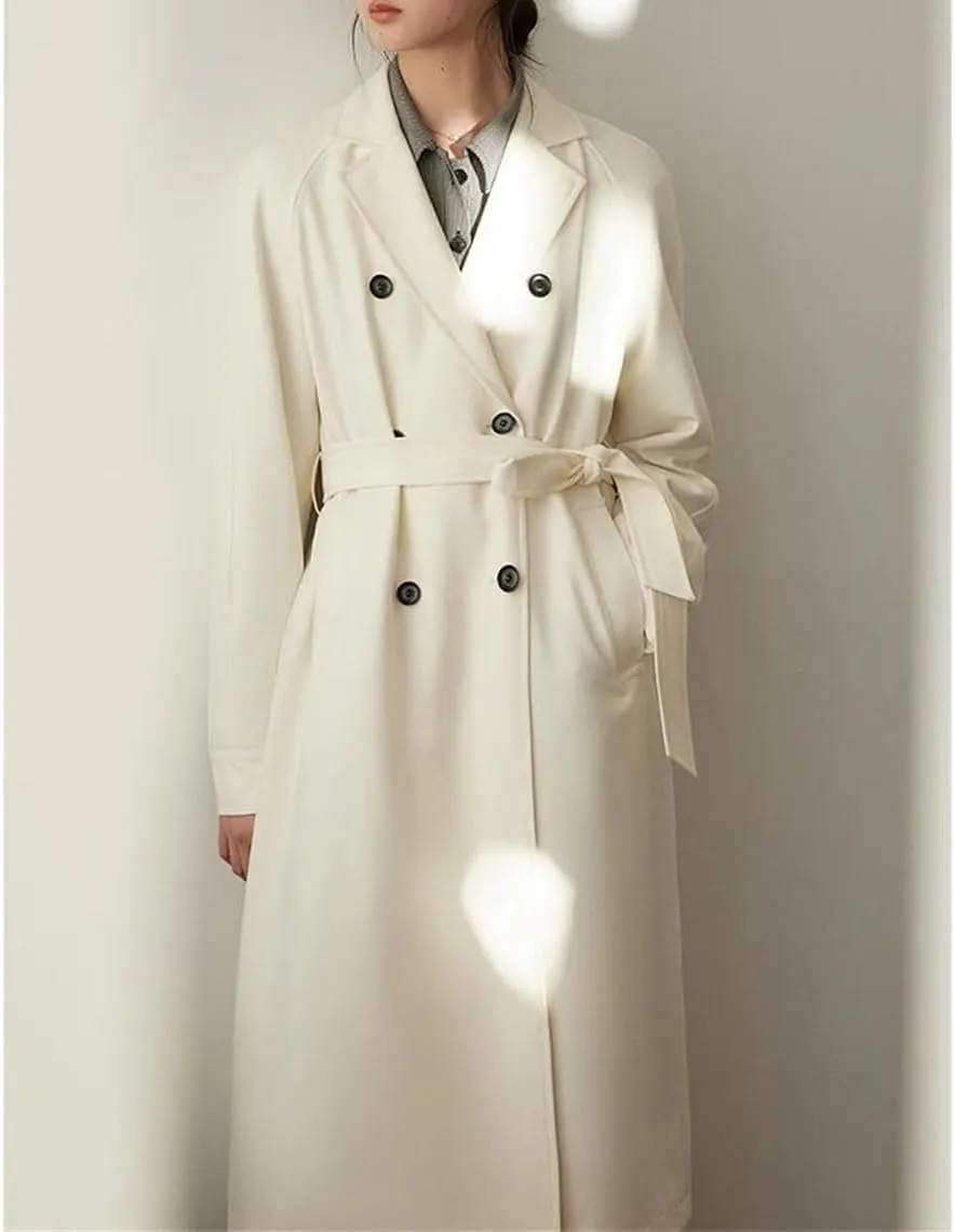 Women Classic Double-Breasted Trenchcoats Commuter Suit Collar Midi Trench Jacket Solid With Belt Coat
