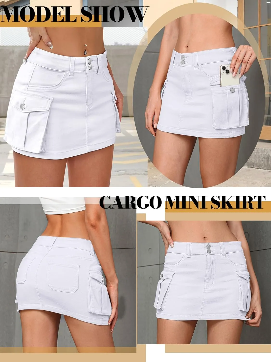 Women Denim Cargo Skirt Mini Low Waist Button Bodycon Y2K Flap Pockets Skirts