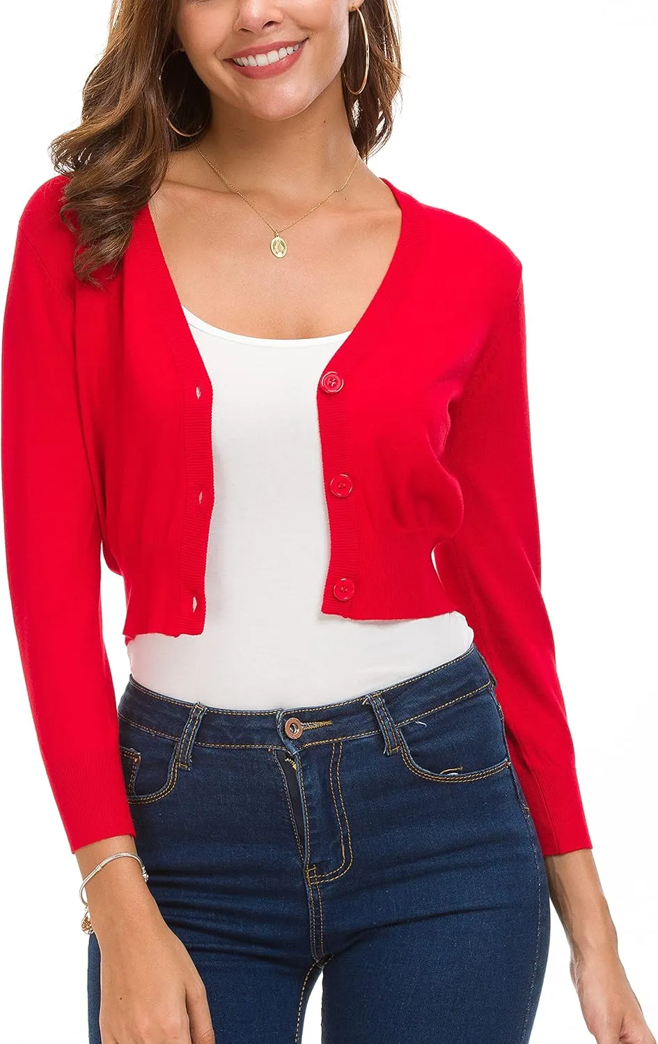 Women's Lightweight Knit Cropped Cardigan 3/4 Sleeve V-Neck Open Front Bolero Shrug for Dresses and Casual Wear